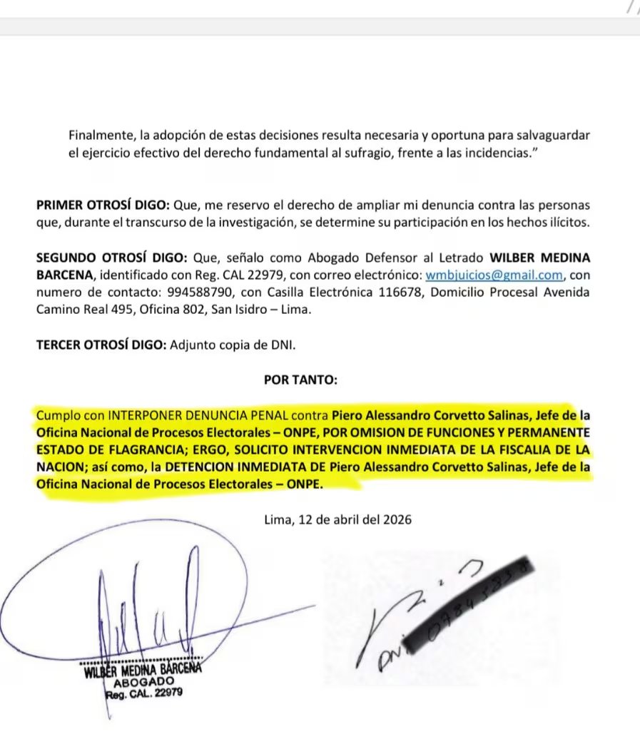 El Ministerio Público recibe la acusación de López Aliaga, solicitando la detención de Piero Corvetto y la intervención de la Fiscalía de la Nación.

