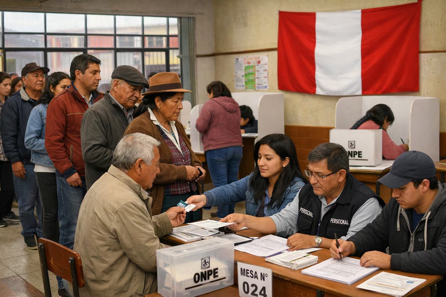 Ciudadanos peruanos de diversas edades hacen fila y depositan su voto en un centro de votación, mientras miembros de mesa reciben documentos de identidad y asisten en el proceso cívico y ordenado. (Imagen Ilustrativa Infobae)