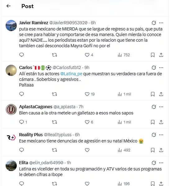 Los mensajes en redes sociales ante el ataque de Rodrigo Brand contra reportero de Magaly Medina. X