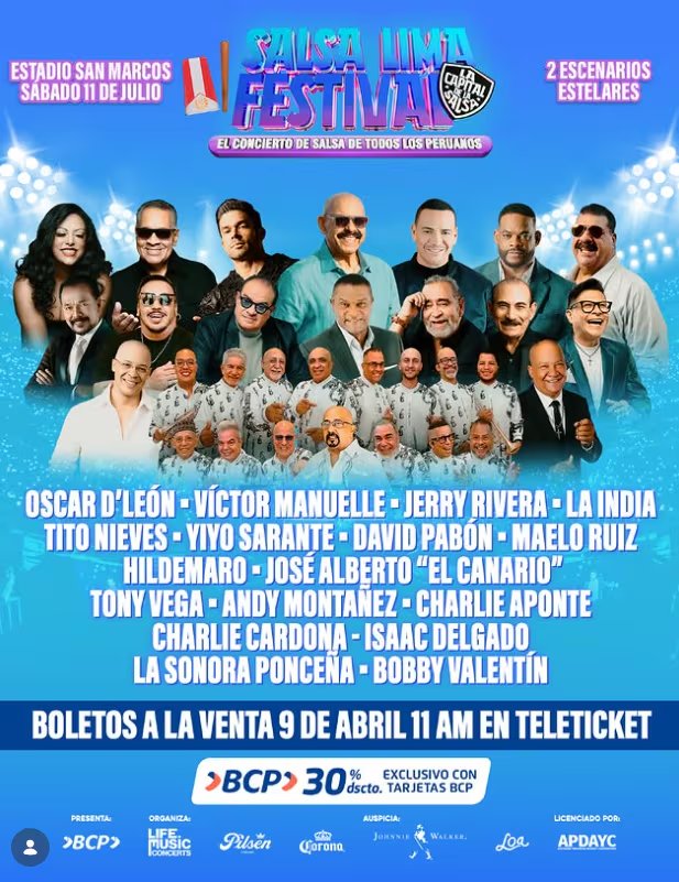 El afiche oficial del Salsa Lima Festival presenta a un elenco estelar de artistas de salsa que se darán cita en el Estadio San Marcos el 11 de julio para el concierto de todos los peruanos.
