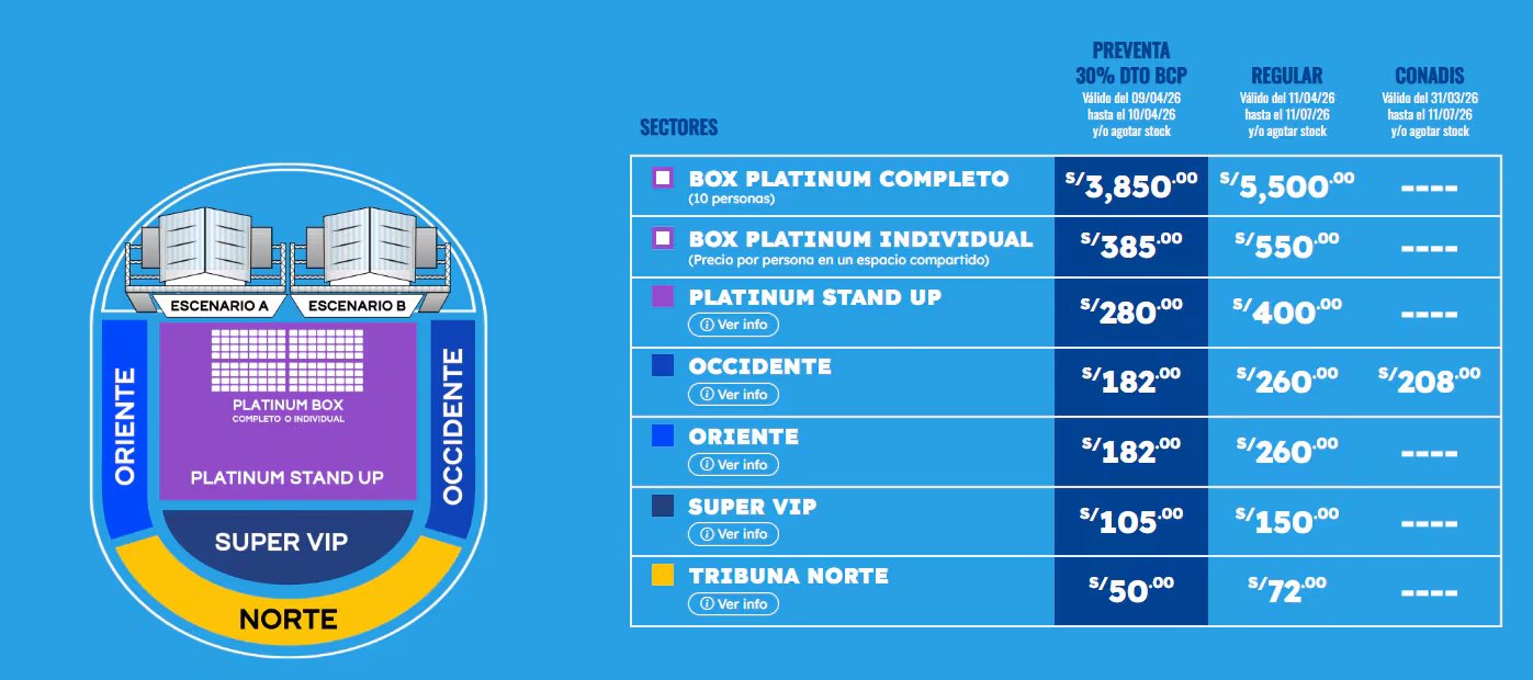 Mapa de distribución de sectores y tabla de precios para las entradas del Salsa Lima Festival en Perú, incluyendo opciones de preventa y precios regulares.