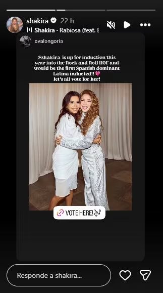Eva Longoria se sumó a la campaña de Shakira para que la colombiana sea introducida al Salón de la Fama del Rock N' Roll - crédito @shakira/Instagram