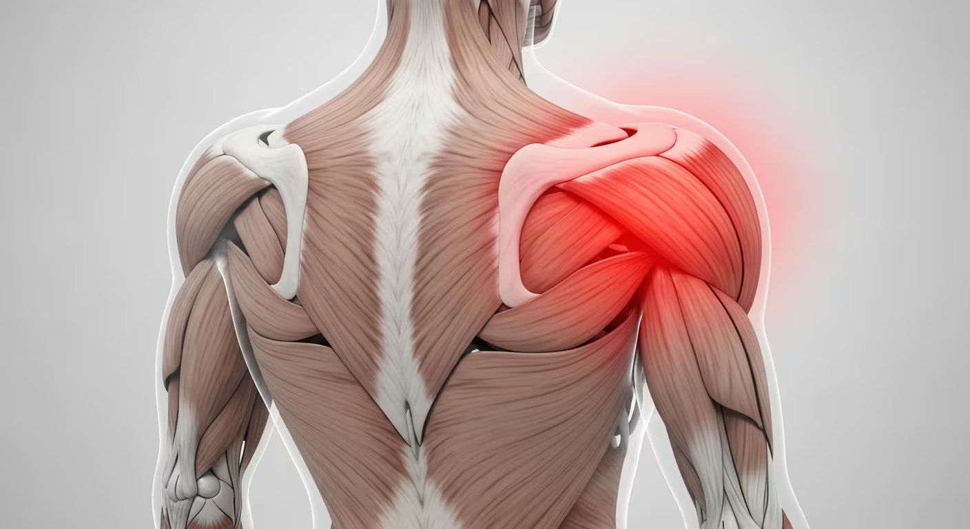 Ilustración médica detallada del sistema muscular humano desde la espalda, mostrando dolor de espalda superior y hombro marcado en rojo. (Imagen Ilustrativa Infobae)