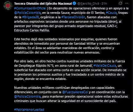 Este fue el comunicado del Ejército sobre los recientes ataques de las disidencias en el Cauca y Valle del Cauca - crédito @Ejército_Div3/X