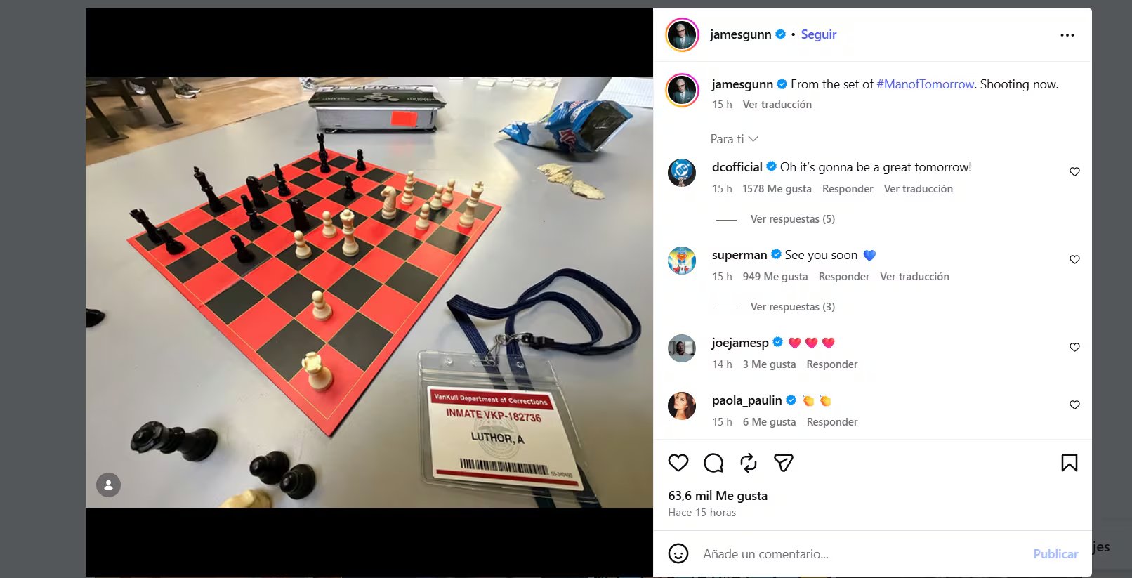 Imagen del set de 'Superman: Man of Tomorrow' difundida por James Gunn