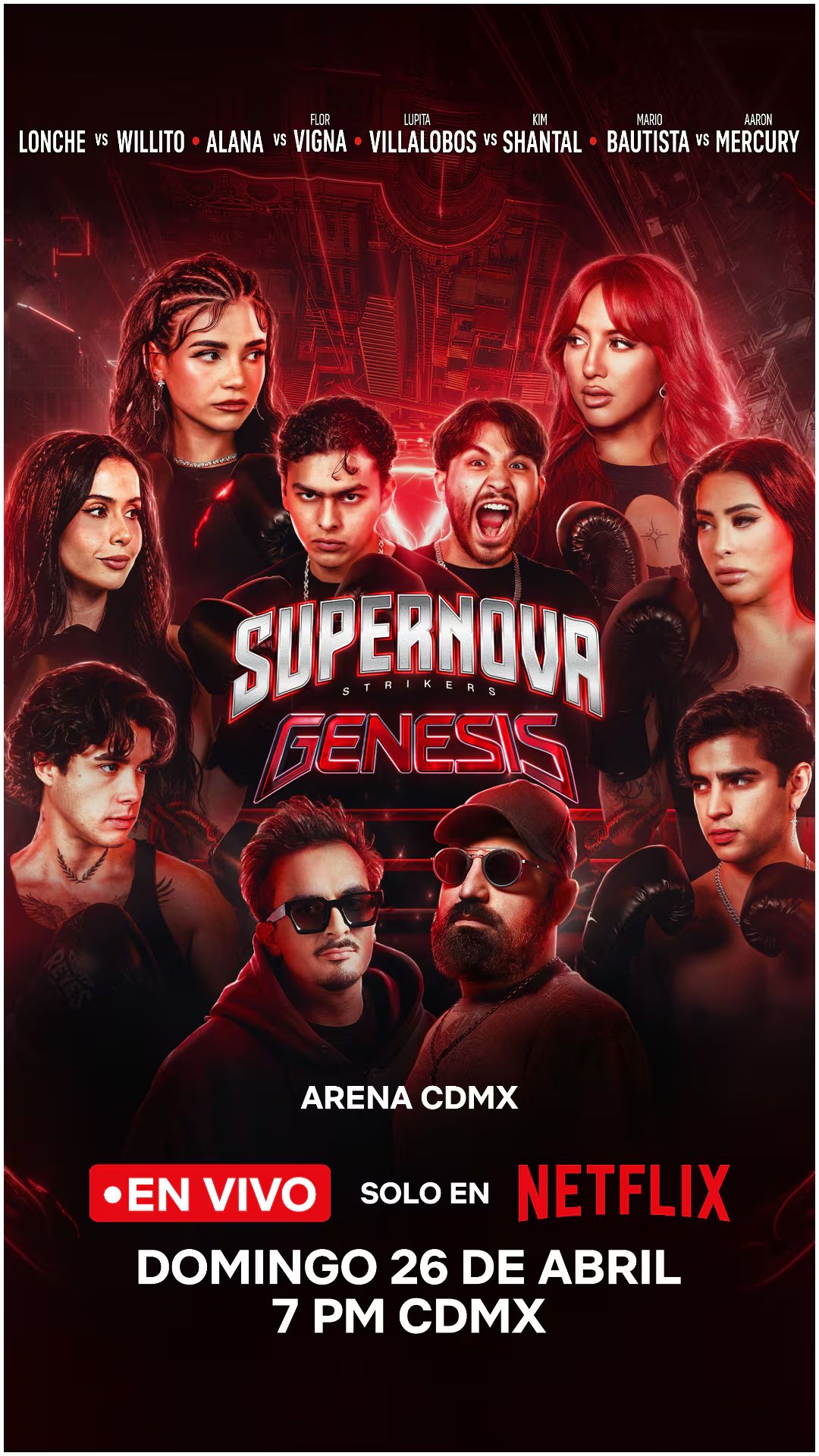 El evento Supernova Génesis 2026 se prepara para su segunda emisión, presentando a figuras como Aarón Mercury y Lupita Villalobos en un show en vivo exclusivo de Netflix desde la Arena CDMX. (Netflix)