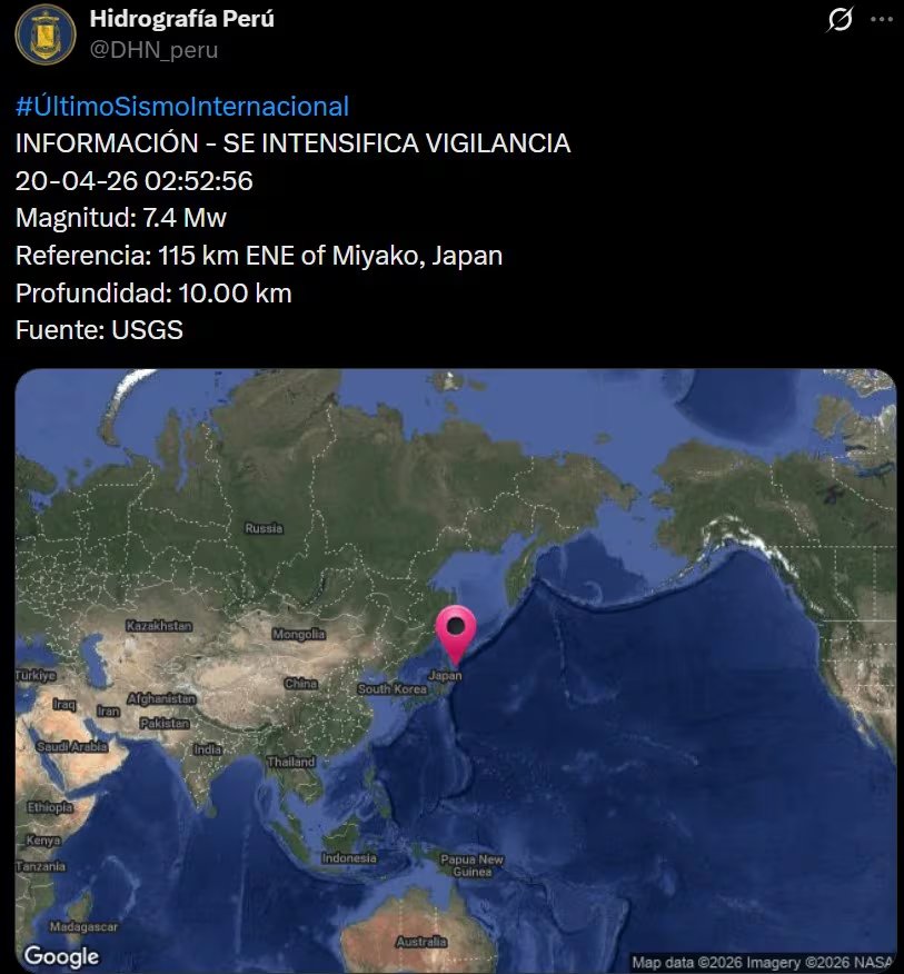 Alerta global tras terremoto en Japón: autoridades monitorean impacto en el Pacífico. Captura: Hidrografía Perú.