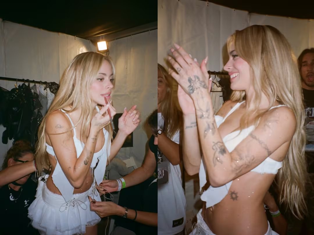 La artista Tini Stoessel se alista en el backstage de su concierto en Rosario, mostrando su preparación y alegría antes de subir al escenario.