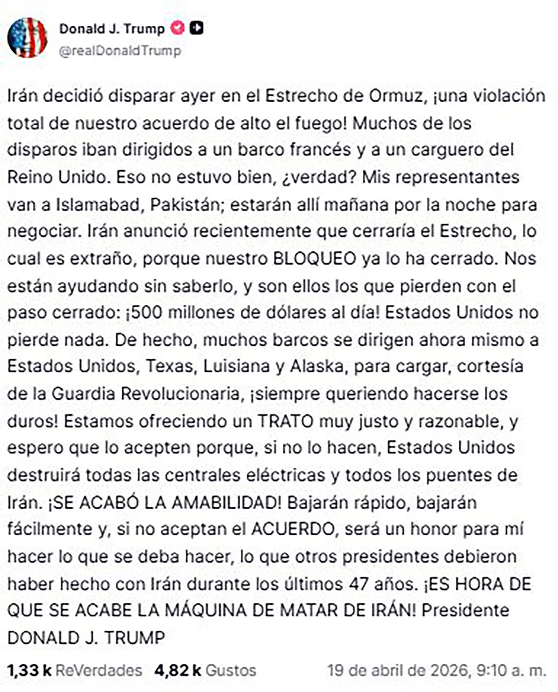 El mensaje publicado por Donald Trump en Truth Social