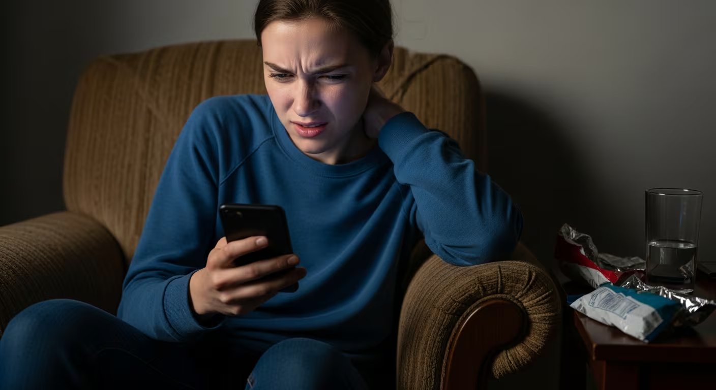 Una joven muestra gestos de dolor muscular en el cuello mientras usa su teléfono móvil, reflejando el impacto del tecnoestrés en la salud postural. (Imagen Ilustrativa Infobae)