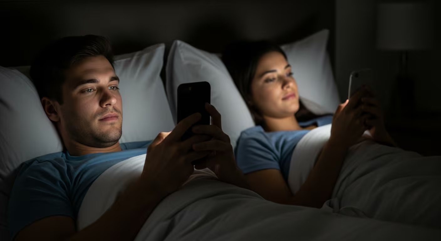 Una pareja joven yace en la cama por la noche, ambos concentrados en sus teléfonos celulares, con la única iluminación proveniente de las pantallas de sus dispositivos en la oscuridad de la habitación. (Imagen Ilustrativa Infobae)