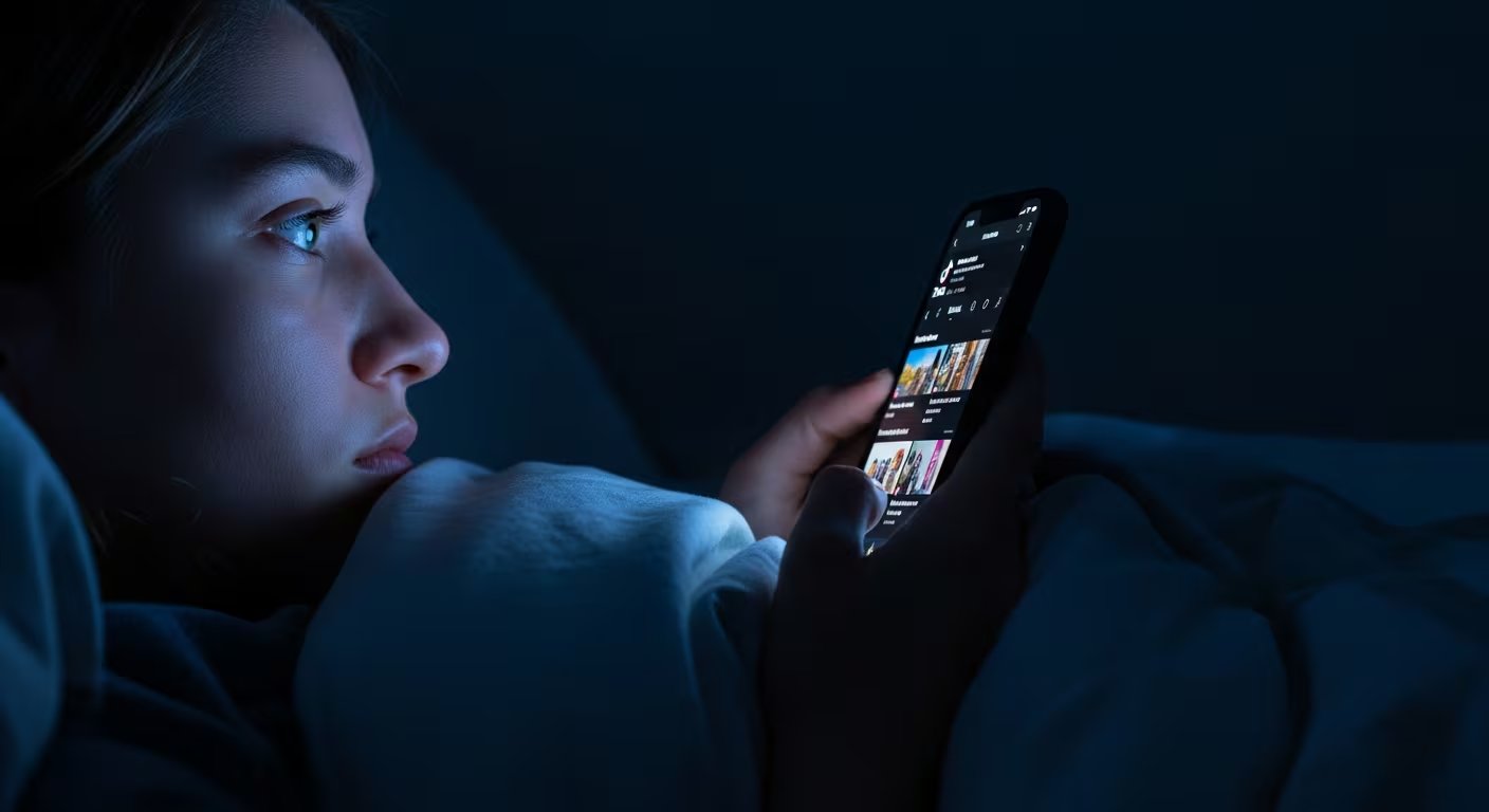 Una joven mira su teléfono celular en la cama durante la noche, con la luz de la pantalla iluminando su rostro. (Imagen Ilustrativa Infobae)