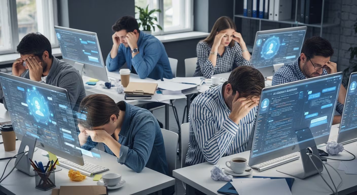 Varios trabajadores muestran signos de agotamiento y estrés en sus estaciones de trabajo, interactuando con asistentes de inteligencia artificial en sus pantallas. (Imagen Ilustrativa Infobae)