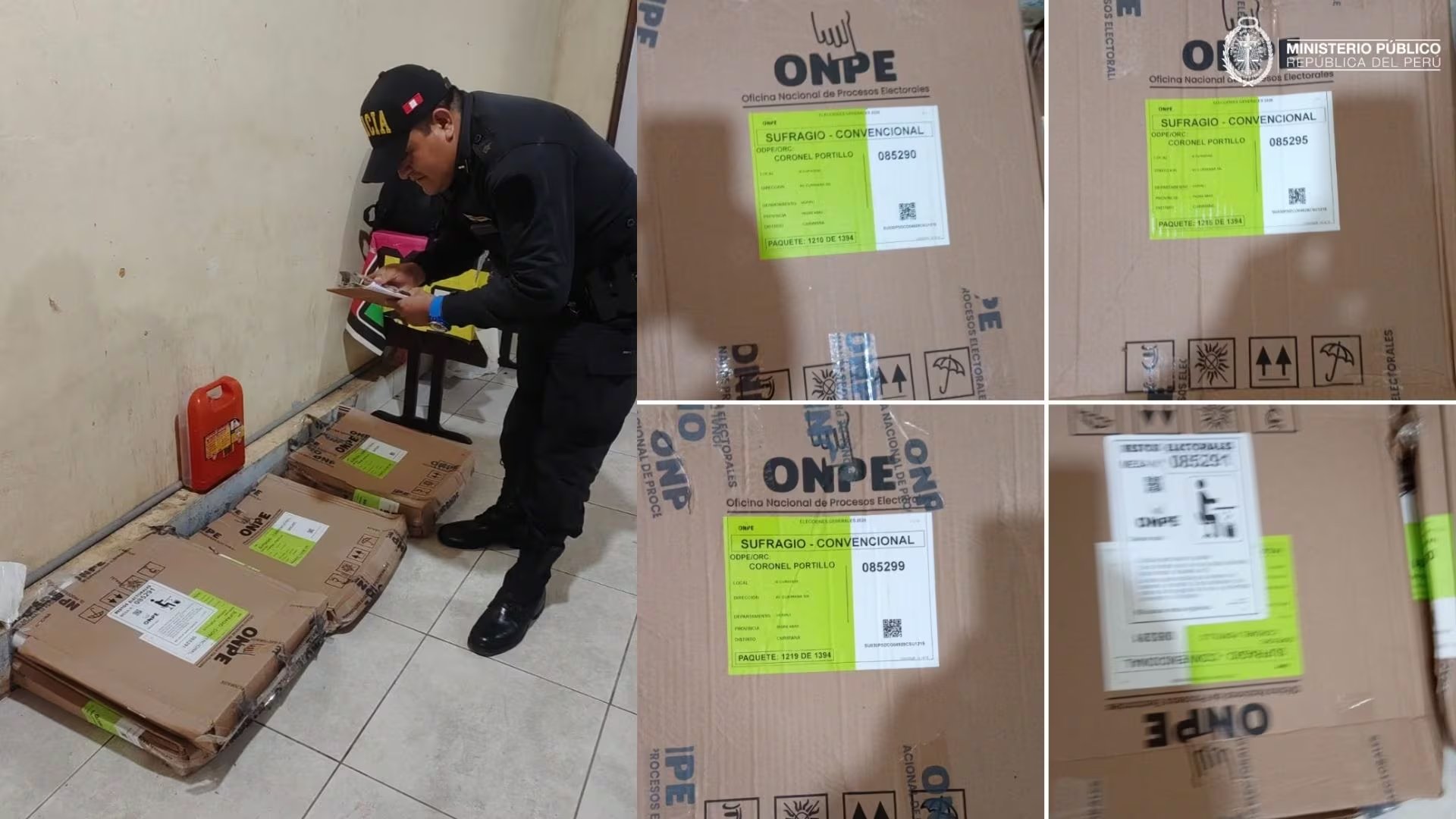 Un agente de la policía inspecciona paquetes de material electoral de la ONPE hallados abandonados en Ucayali. (Fiscalía)