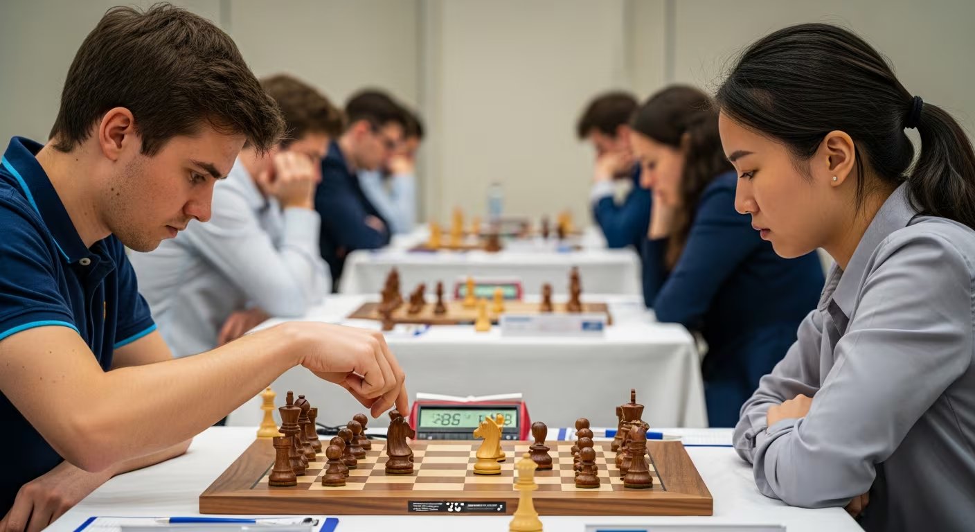 Un jugador mueve una pieza en un torneo de ajedrez, con una oponente concentrada al otro lado del tablero y otros participantes de fondo. (Imagen Ilustrativa Infobae)