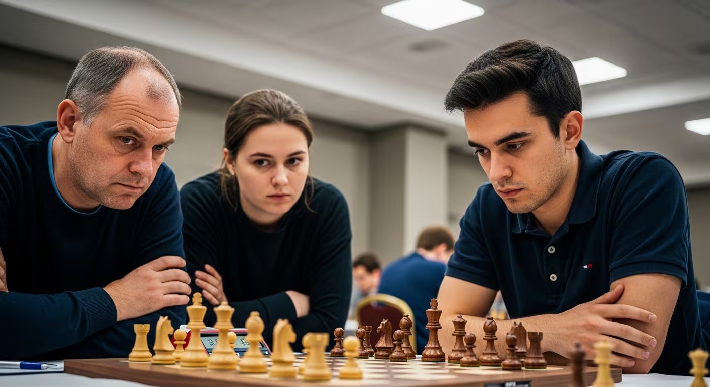 Dos espectadores observan con recelo a un jugador concentrado en su partida durante un torneo de ajedrez. (Imagen Ilustrativa Infobae)