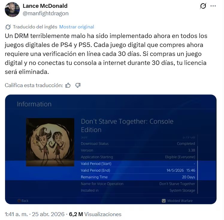 McDonald reportó que un DRM ha sido implementado en todos los juegos digitales de PS4 y PS5. 
(@manfightdragon)