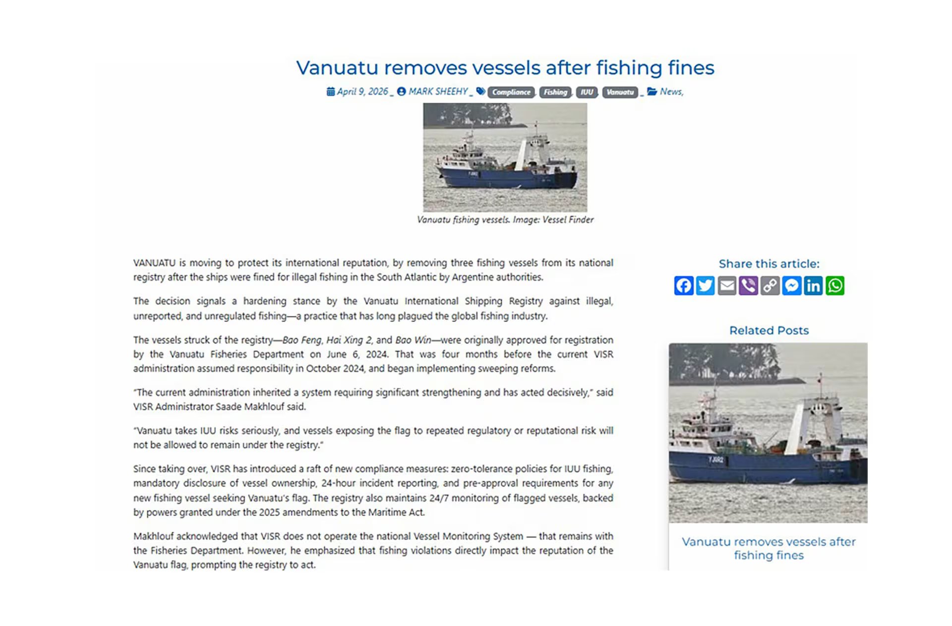 La nota en Business Islands, sobre el retiro de bandera de Vanuatu a 3 buques chinos que pescaron ilegalmente en aguas argentinas