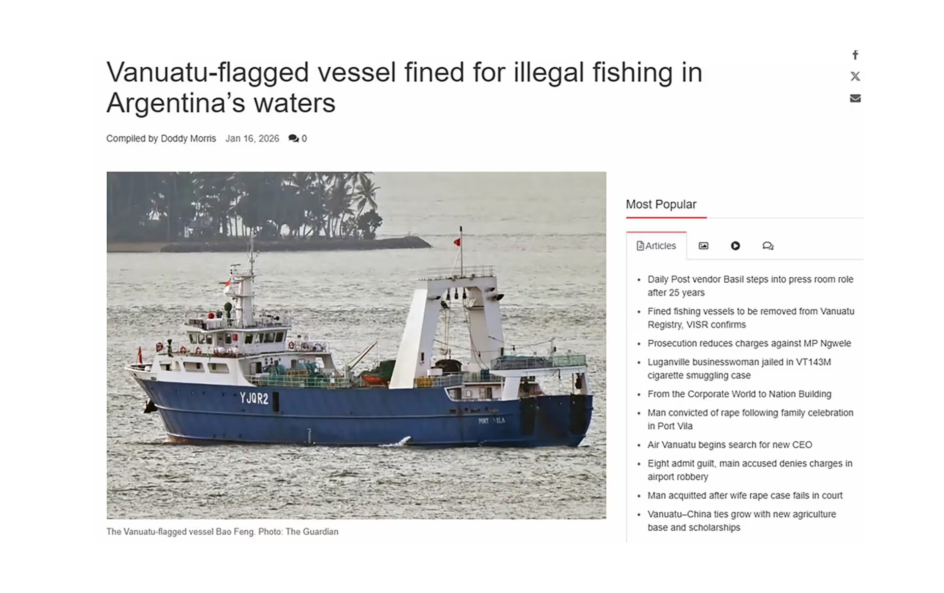 En enero, el Daily Post del país oceánico se había hecho eco del accionar ilegal del buque chino Bao Feng, con bandera de Vanuatu