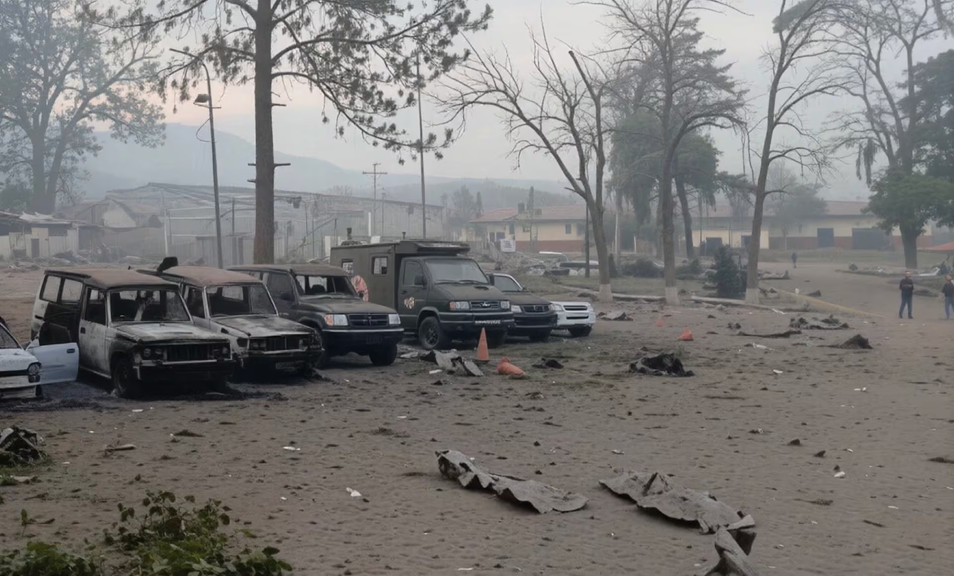 Vehículos dañados y escombros cubren el terreno en Fort Tiuna, Caracas, tras un incidente reciente que dejó varios SUV afectados por el fuego