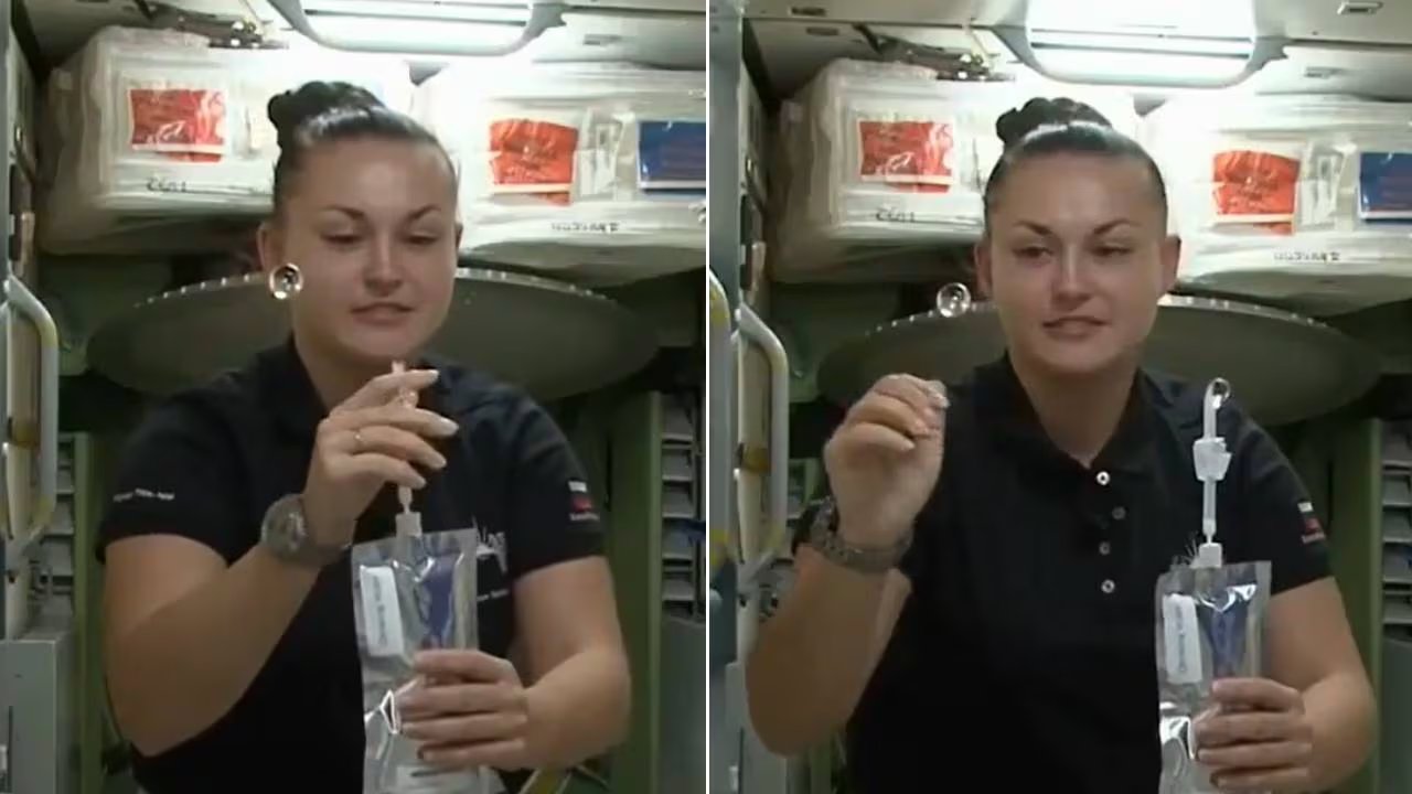 La NASA utiliza bolsas flexibles con válvulas de retención para asegurar que el agua no se derrame ni se disperse dentro de la Estación Espacial Internacional. (NASA)