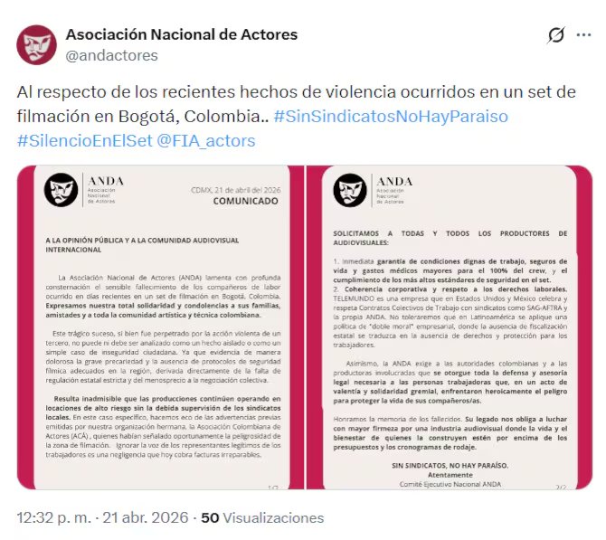 La Asociación Nacional de Actores (ANDA) emite un comunicado oficial respondiendo a los recientes hechos de violencia que resultaron en el fallecimiento de compañeros en el set de 'Sin senos no hay paraíso' en Bogotá. (X)