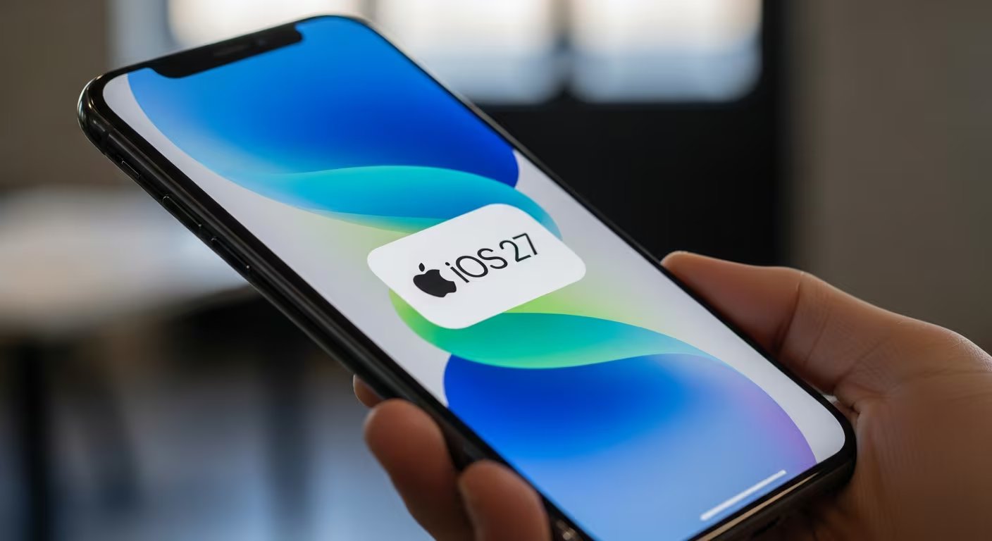 Un primer plano de un iPhone 11 mostrando el logo de iOS 27 sobre un fondo de pantalla azul y turquesa. (Imagen Ilustrativa Infobae)