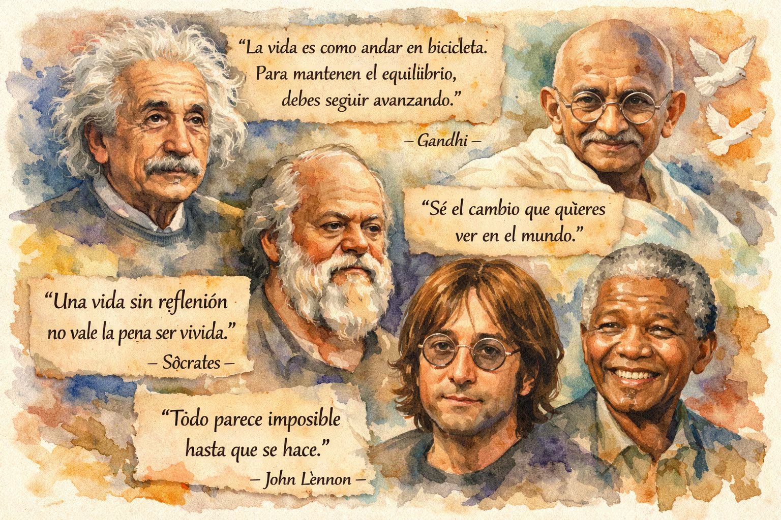 Un collage en acuarela presenta retratos de Albert Einstein, Mahatma Gandhi, John Lennon, Sócrates y Nelson Mandela junto a frases motivadoras que se les atribuyen. (Imagen Ilustrativa Infobae)