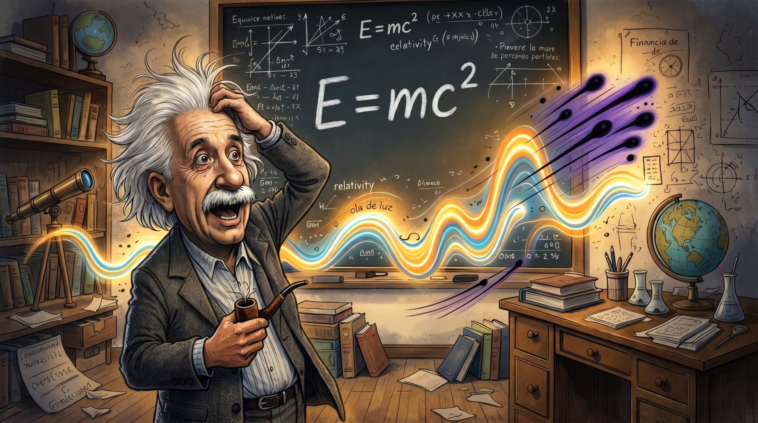 Una vibrante ilustración muestra a Albert Einstein con una pipa, inmerso en un estudio con una pizarra llena de fórmulas y un estallido de energía fluida. (Imagen Ilustrativa Infobae)