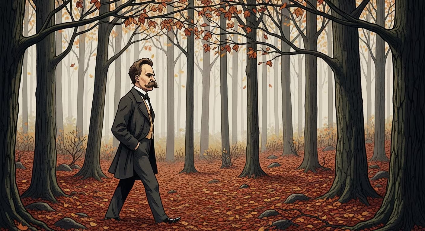 Ilustración artística de Friedrich Nietzsche caminando solo por un bosque otoñal, rodeado de hojas caídas y con una luz baja que evoca introspección filosófica. (Imagen Ilustrativa Infobae)