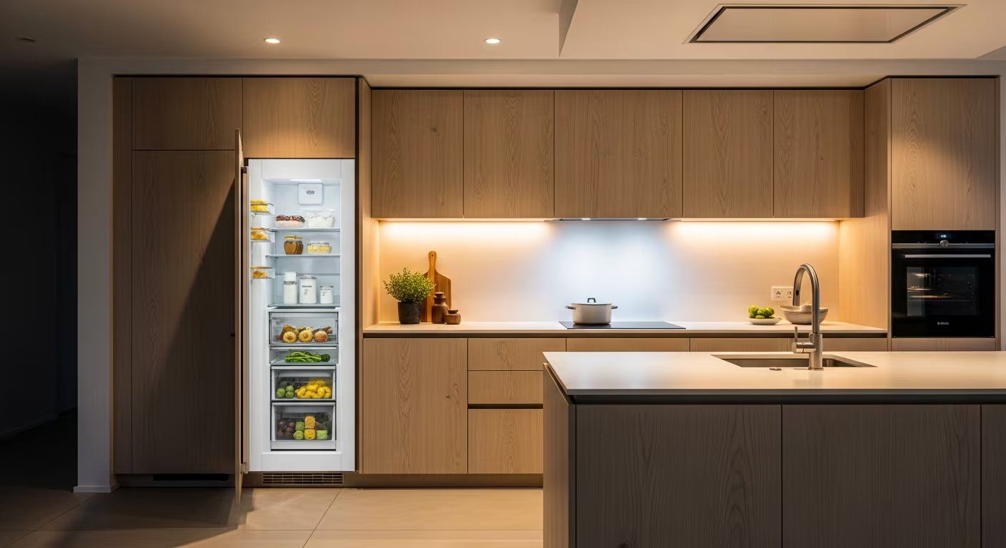Esta cocina moderna y minimalista presenta una nevera empotrada completamente integrada, acabados de madera clara, electrodomésticos de lujo y una iluminación cálida, reflejando un diseño interior sofisticado. (Imagen Ilustrativa Infobae)