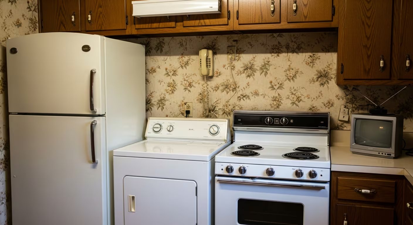 La imagen muestra una cocina con un refrigerador, una lavadora, una estufa eléctrica y una televisión pequeña con antena, todos de estilo retro. (Imagen Ilustrativa Infobae)