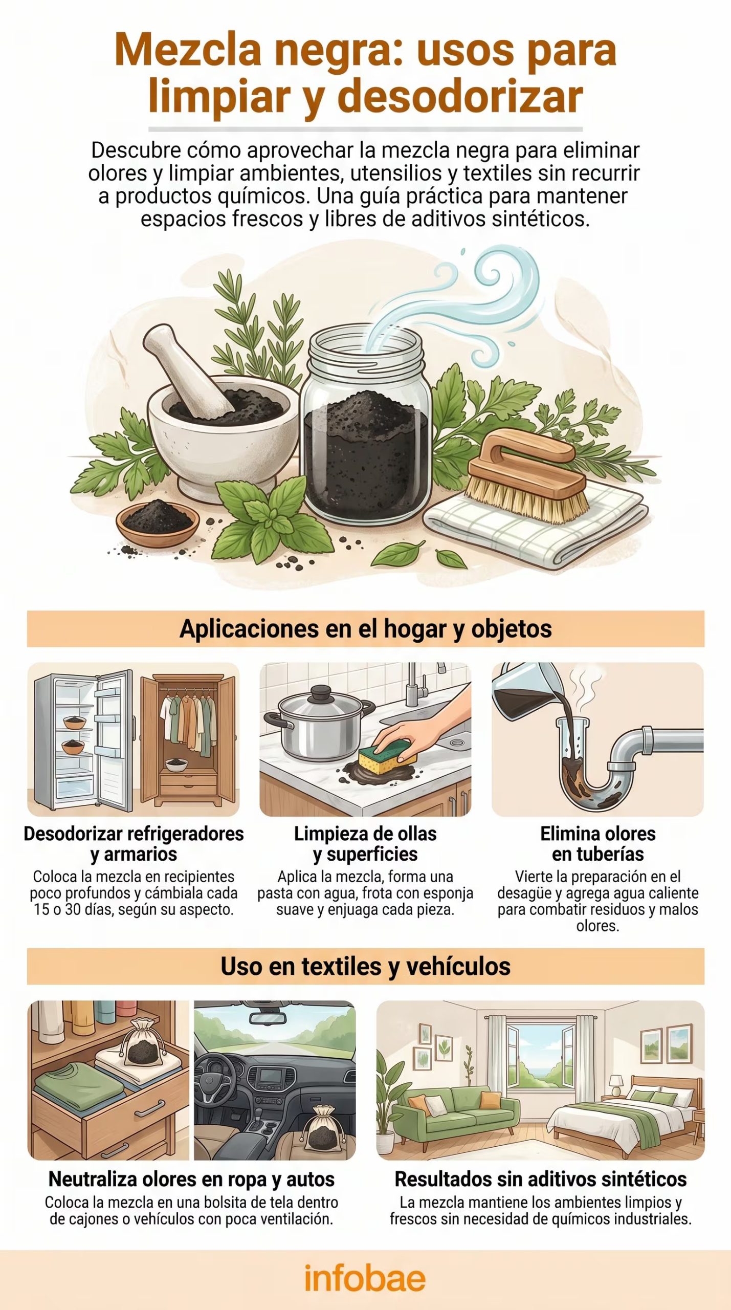 Infografía detallada sobre los usos de la mezcla negra para desodorizar y limpiar eficazmente ambientes, utensilios y textiles sin aditivos químicos, mostrando ejemplos en refrigeradores, ollas y vehículos. (Imagen Ilustrativa Infobae)