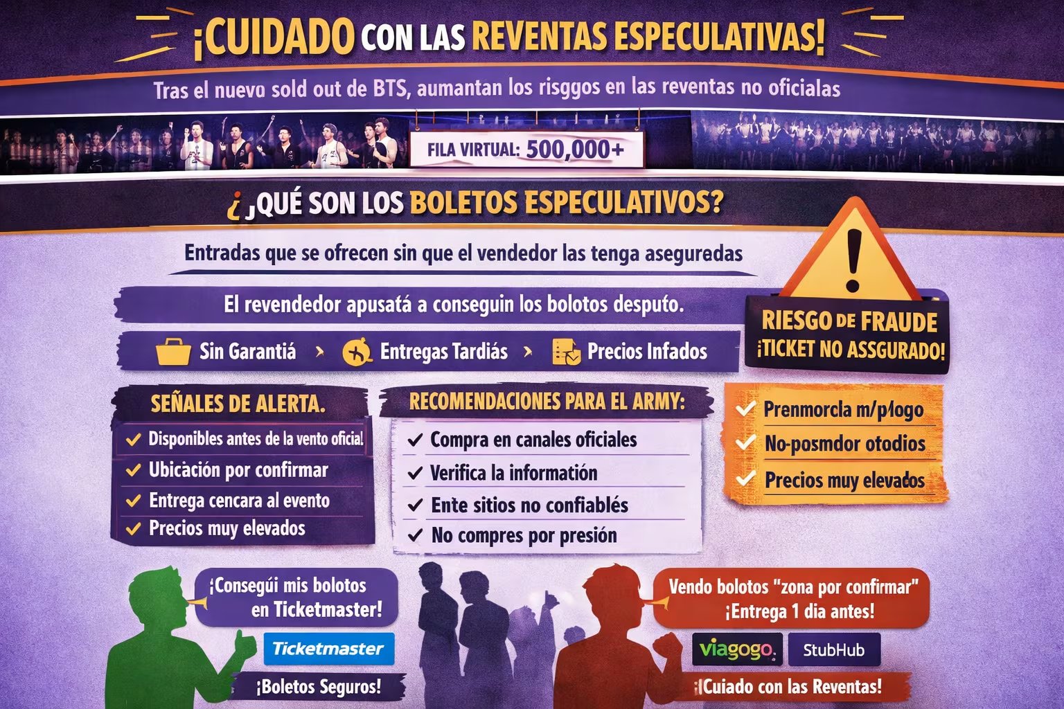 Infografía alerta a fans de BTS sobre los riesgos de la reventa especulativa de boletos, detallando señales de fraude y la necesidad de adquirir entradas solo en canales oficiales. (Imagen Ilustrativa Infobae)