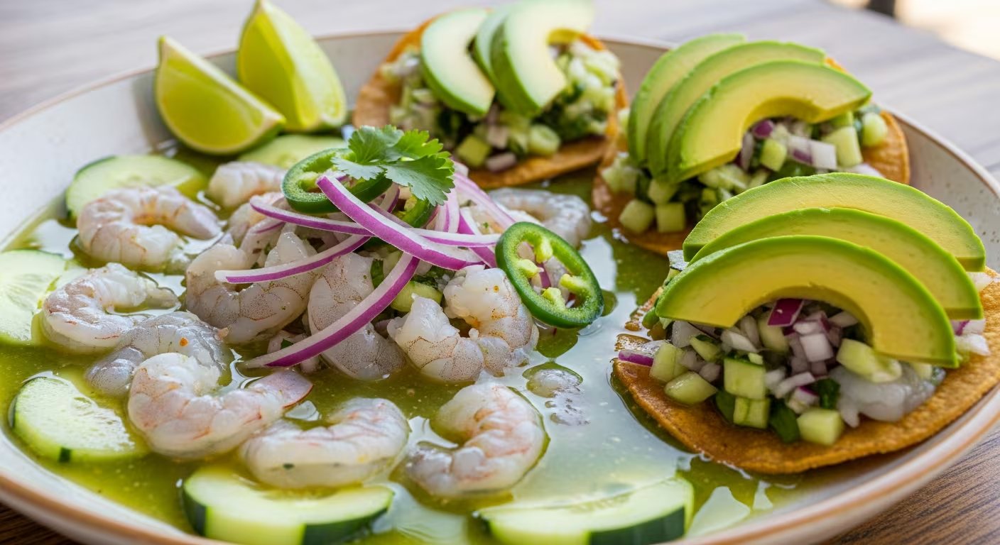 La mezcla de camarón con limón y chiles verdes aporta un sabor cítrico y picante que distingue al aguachile de camarón. 