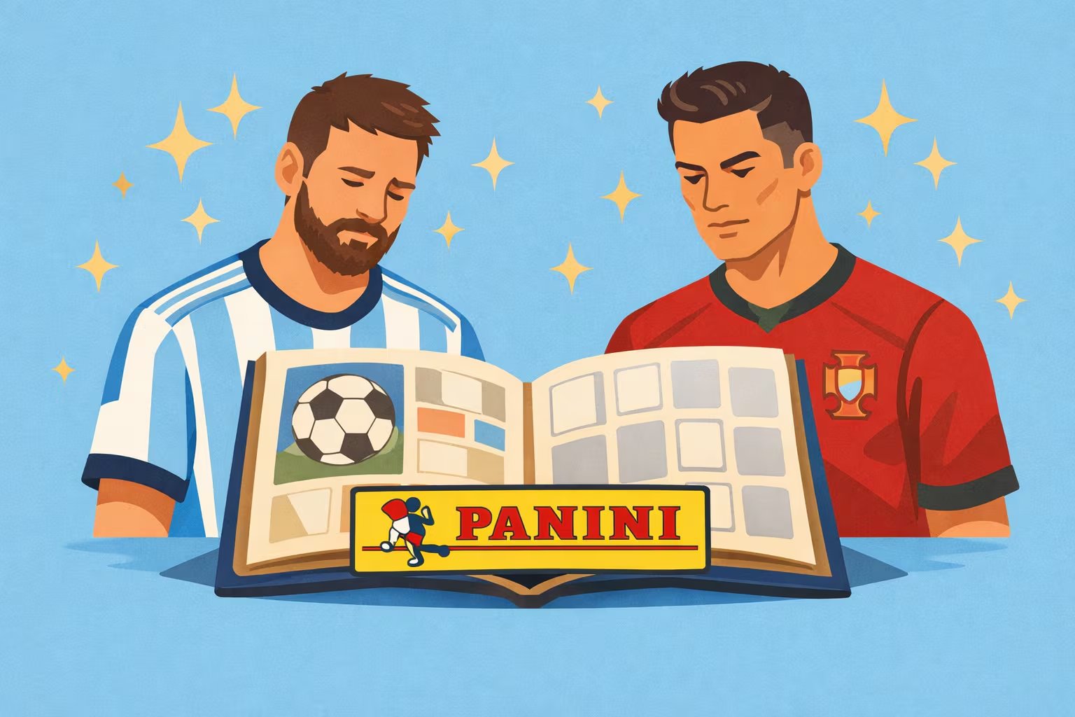 Lionel Messi y Cristiano Ronaldo, íconos del fútbol, observan un álbum Panini de la Copa del Mundo 2026, simbolizando la despedida de su era dorada en el deporte. (Imagen Ilustrativa Infobae)