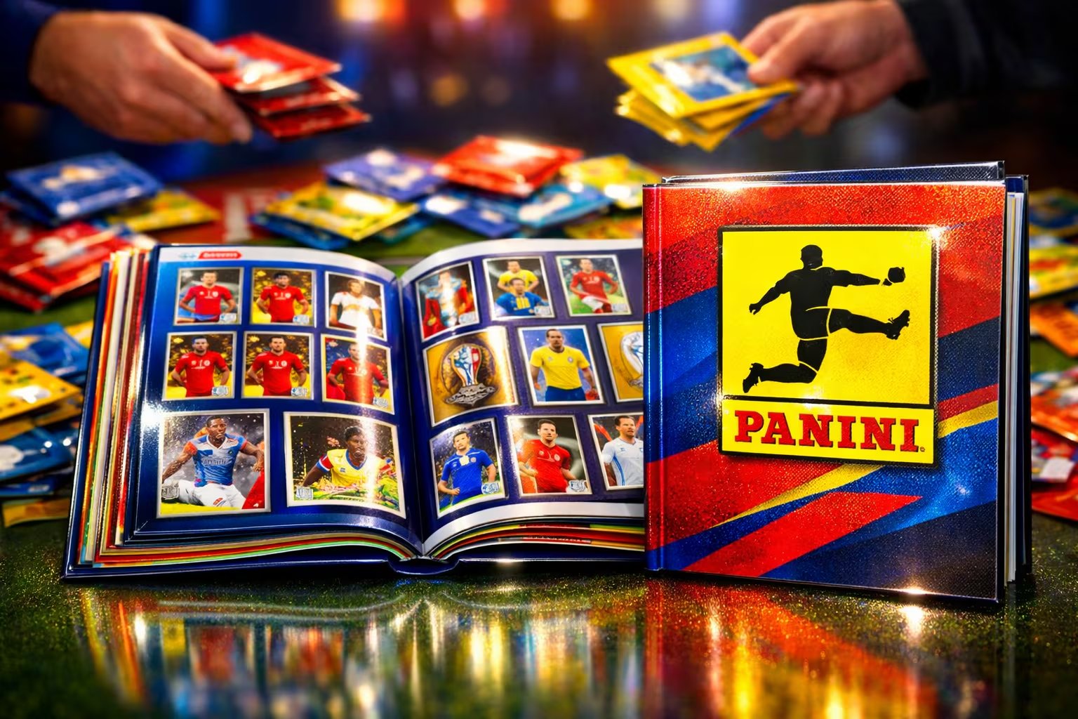 Una fotografía publicitaria de alto impacto muestra el álbum Panini Copa del Mundo 2026 abierto con estampas coloridas y sobres esparcidos, mientras manos intercambian coleccionables en segundo plano. (Imagen Ilustrativa Infobae)