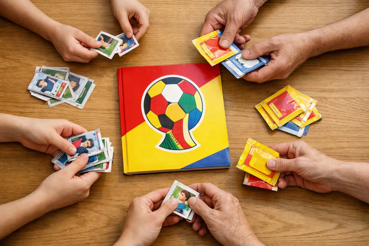 Manos de niños, jóvenes y adultos intercambian sobres y estampas del álbum Panini Copa del Mundo 2026 sobre una mesa de madera clara, simbolizando un rito transgeneracional. (Imagen Ilustrativa Infobae)