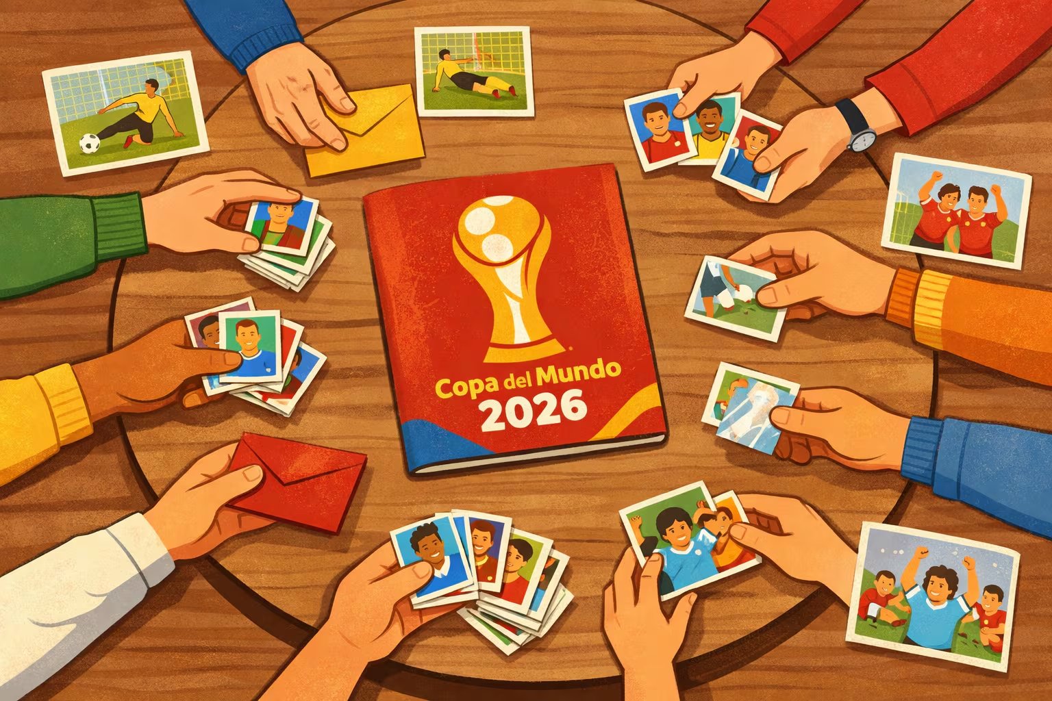 Diversas manos de todas las edades se congregan alrededor de una mesa de madera para intercambiar sobres y estampas del álbum Panini de la Copa del Mundo 2026, celebrando una tradición que une a generaciones a través del fútbol. (Imagen Ilustrativa Infobae)
