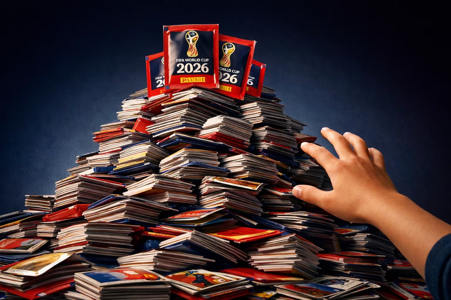 Una mano intenta alcanzar la cima de una montaña de sobres y figuritas Panini de la Copa Mundial FIFA 2026, simbolizando el reto de completar la colección. (Imagen Ilustrativa Infobae)