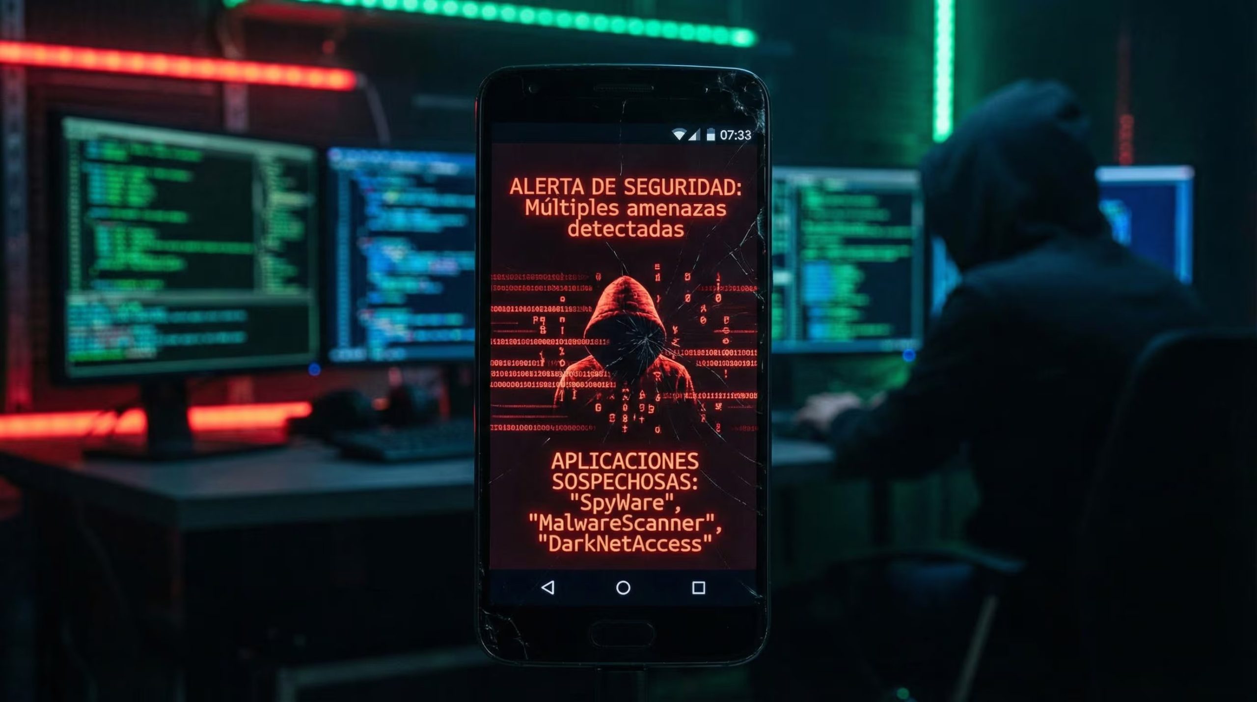 Un smartphone Android muestra alertas de seguridad y aplicaciones maliciosas, mientras un código digital rojo emerge y un hacker manipula datos en múltiples pantallas, ilustrando un ciberataque. (Imagen Ilustrativa Infobae)