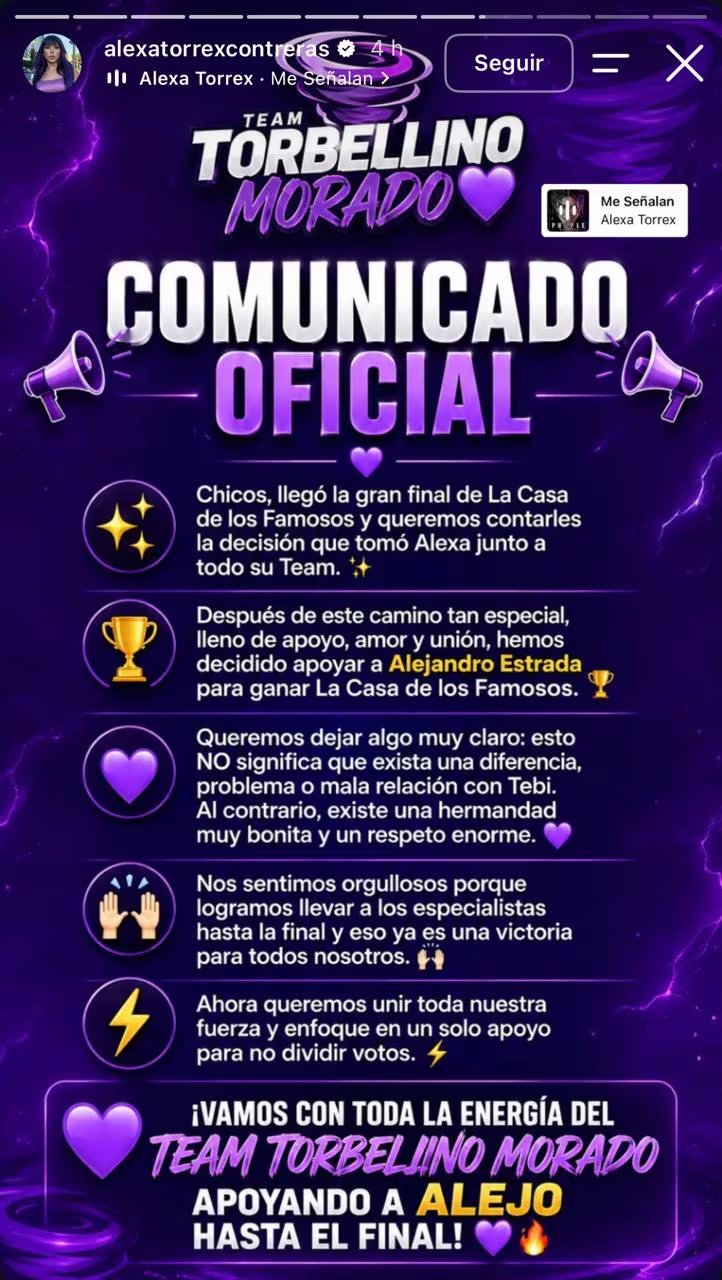 El comunicado con el que Alexa Torrex confirmó que no apoyará a su 'shippeo' en el reality de RCN - crédito @alexatorrexcontreras/IG