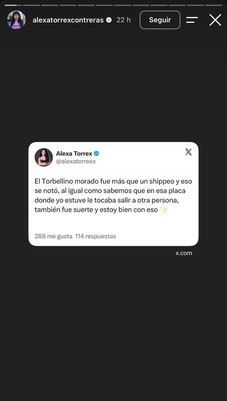 Alexa Torrex dejó un mensaje con el que confirmó que su cercanía en la casa estudio con Tebi había sido más que un 'shippeo' - crédito @alexatorrexcontreras/IG
