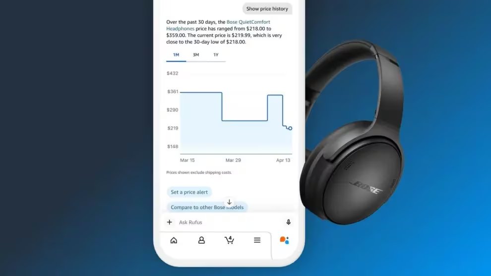 Rufus, el asistente de Amazon, permite consultar el historial de precios de un producto y configurar alertas cuando el precio baje. 
(Amazon)