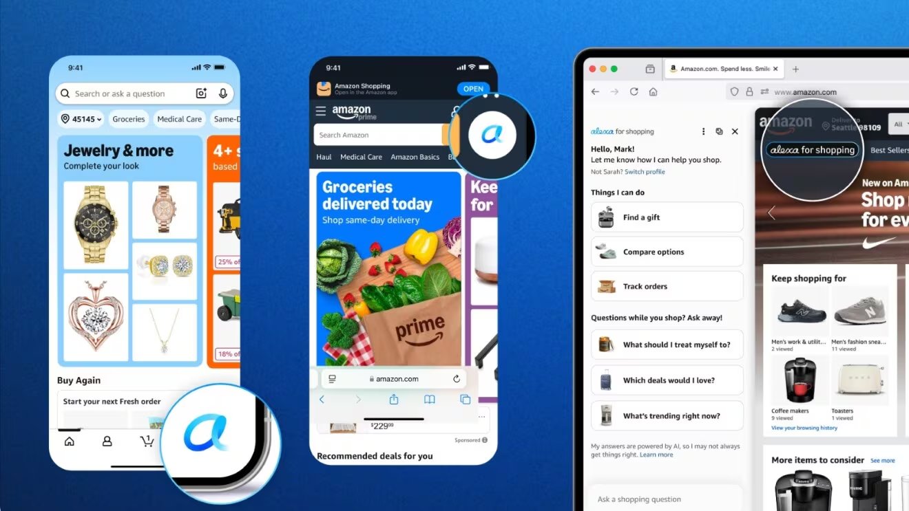 Múltiples interfaces de Amazon.com, incluyendo aplicaciones móviles y web, muestran la integración de Alexa para facilitar la experiencia de compra de los usuarios. (Amazon)