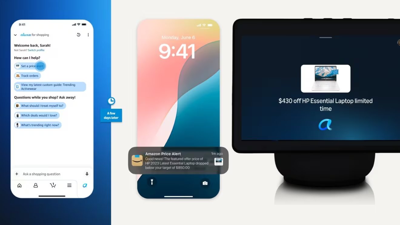 Una secuencia de imágenes ilustra cómo la tecnología de asistentes de voz facilita las compras al establecer alertas de precios y notificar ofertas en teléfonos móviles y pantallas inteligentes. (Amazon)