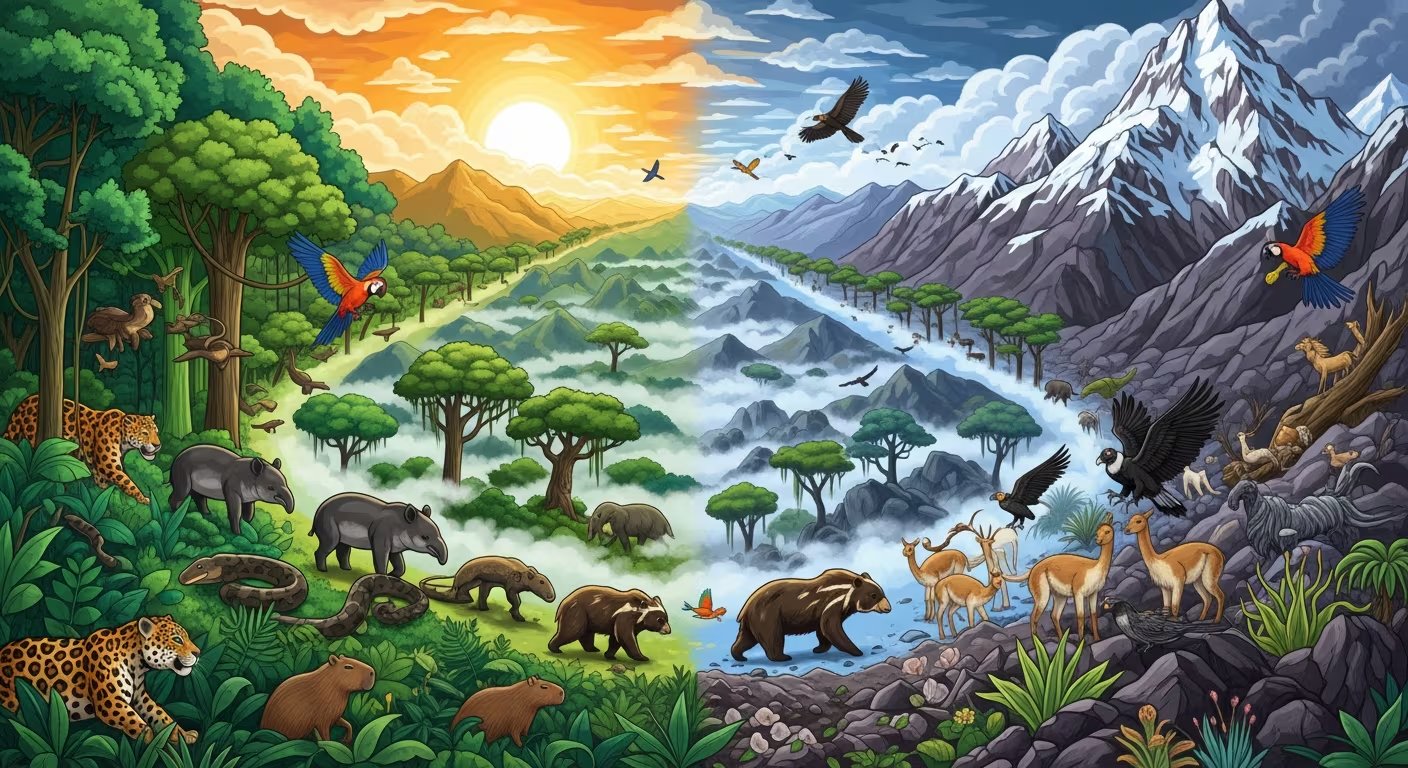 Representación gráfica de la migración de fauna amazónica hacia los Andes peruanos a través de corredores naturales, ilustrando el impacto del cambio climático en los ecosistemas y la adaptación animal. (Imagen Ilustrativa Infobae)