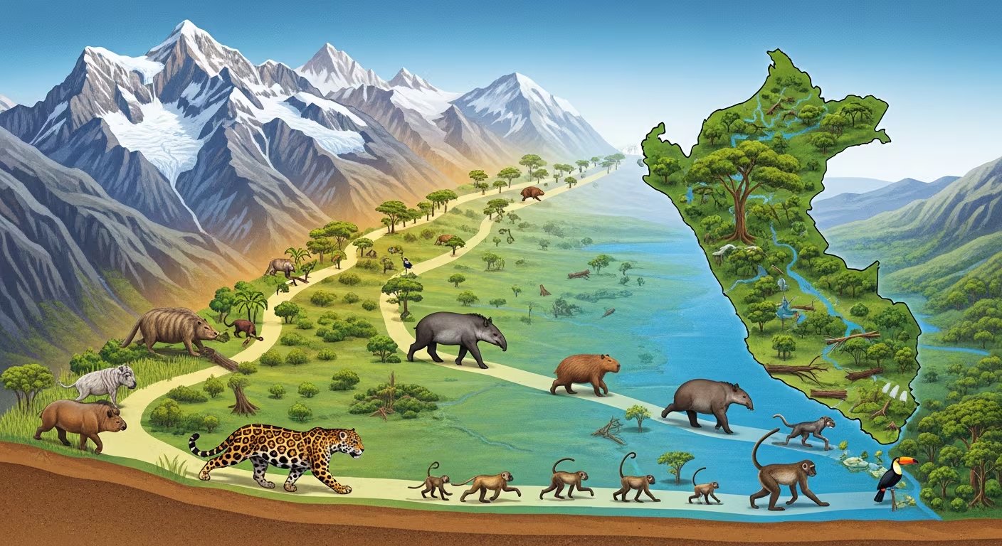 Ilustración que muestra la ruta de migración de animales amazónicos, como tapires, jaguares y capibaras, moviéndose hacia las montañas de los Andes a través de corredores naturales en Perú debido al cambio climático. (Imagen Ilustrativa Infobae)