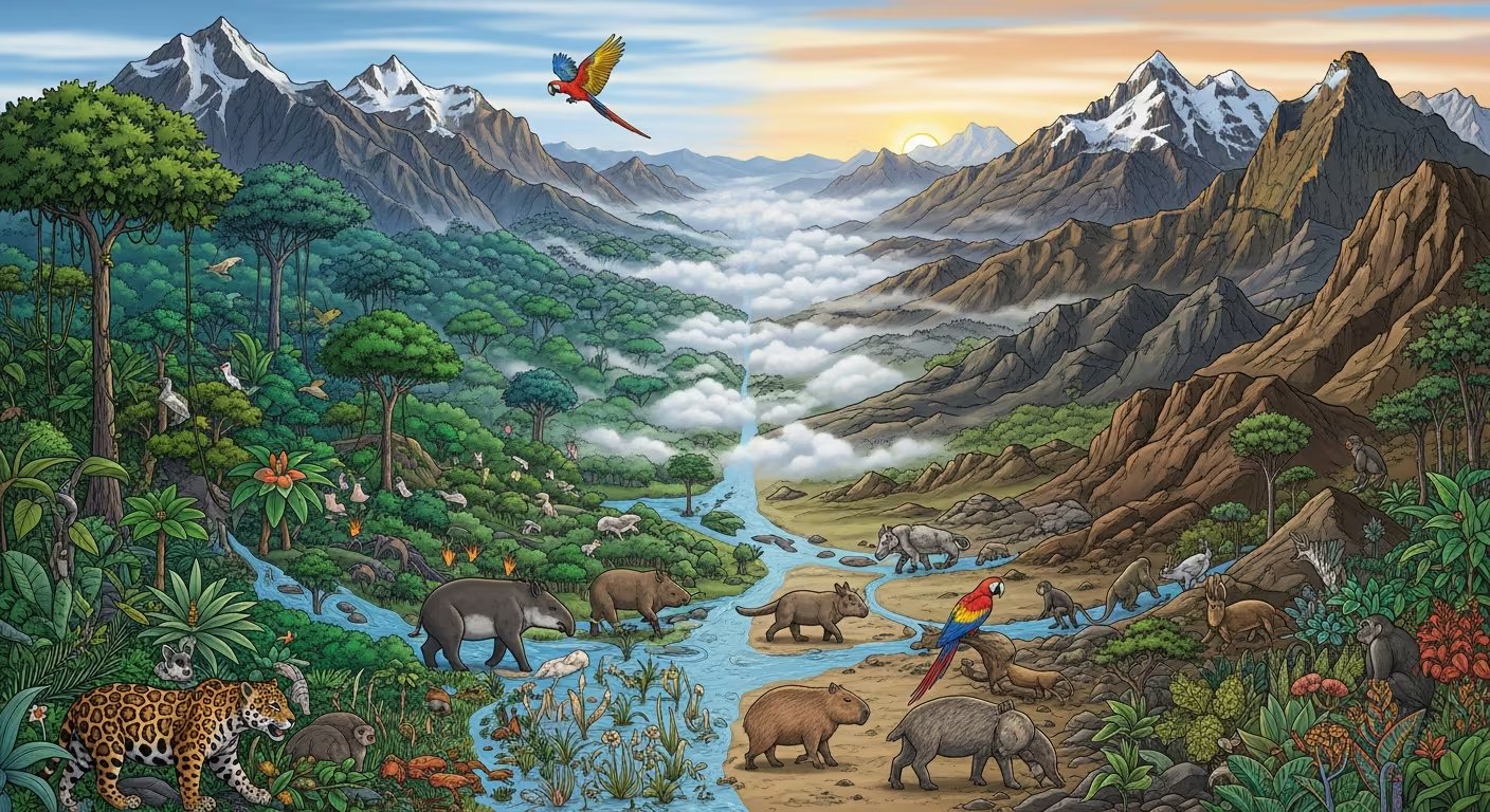 Una ilustración vívida muestra la migración de animales amazónicos, como jaguares y tapires, a través de corredores climáticos naturales desde la selva hacia los Andes peruanos, impulsada por el cambio climático. (Imagen Ilustrativa Infobae)