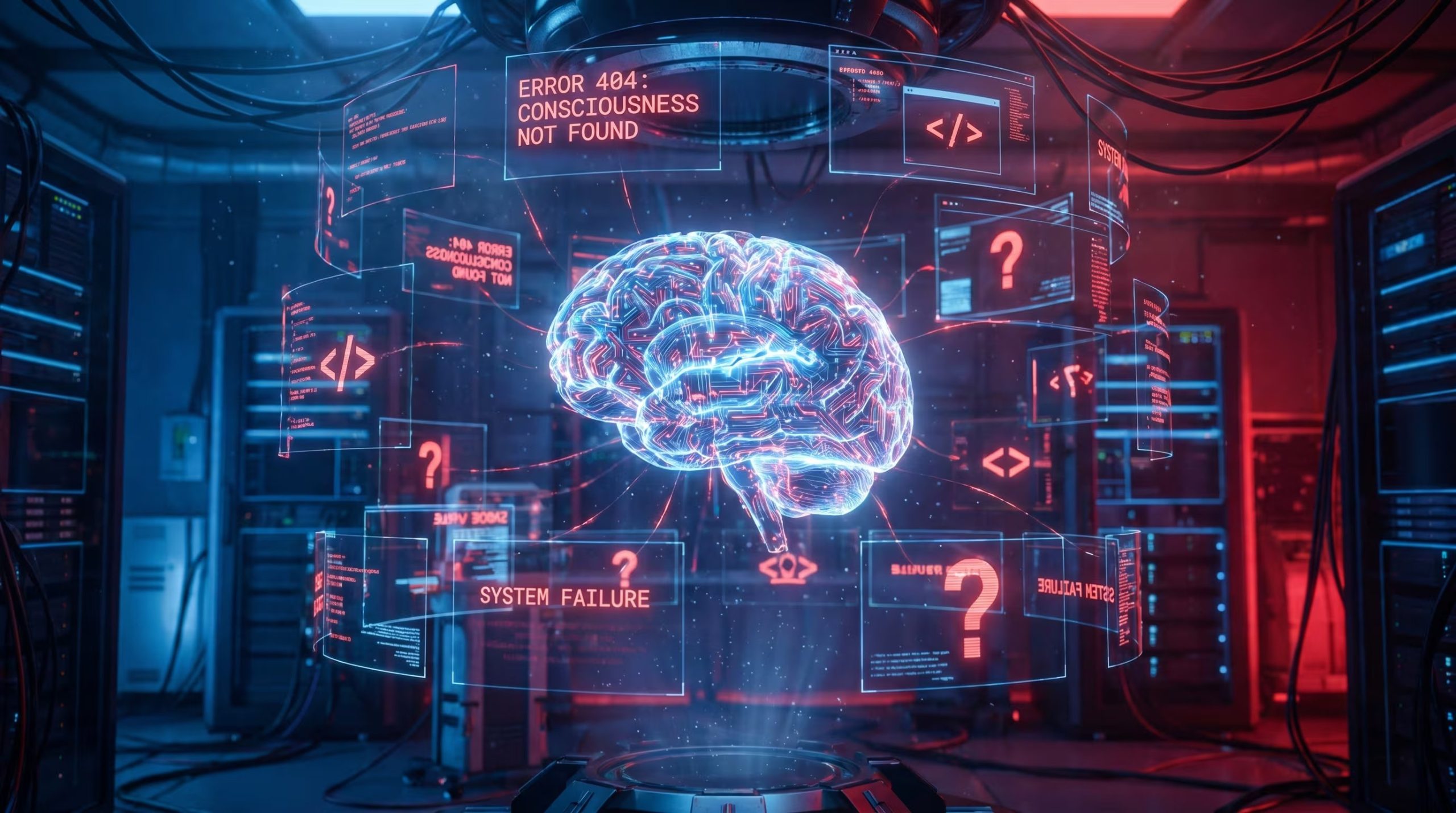 Un cerebro digital humanoide, representación de una inteligencia artificial, flota entre pantallas holográficas que muestran mensajes de error y símbolos de duda en un laboratorio tecnológico futurista con iluminación azul y roja. (Imagen Ilustrativa Infobae)
